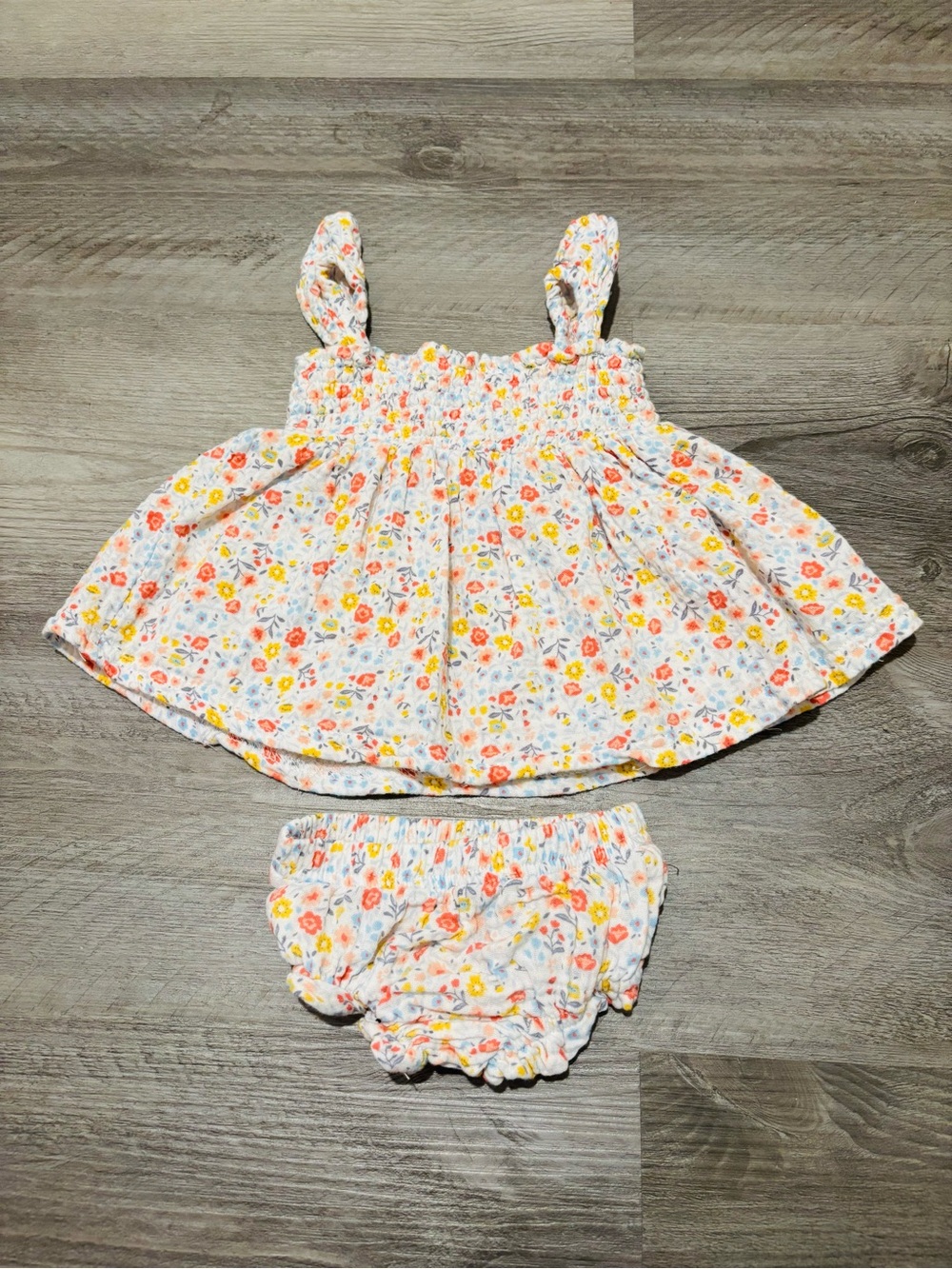 Rabbit Bear Floral Baby Sundress & Bloomers - White with Yellow & Pink Flowers